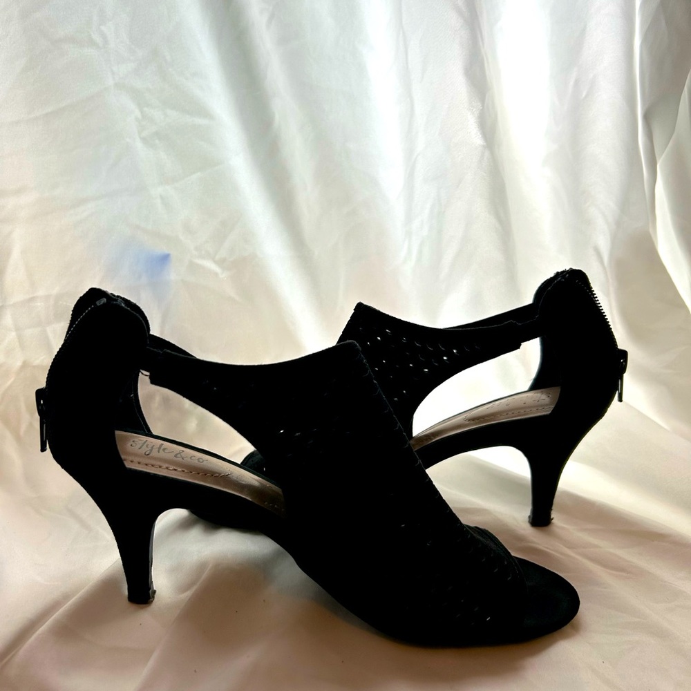 Style & Co. Black small heel suede normal wear and tear.